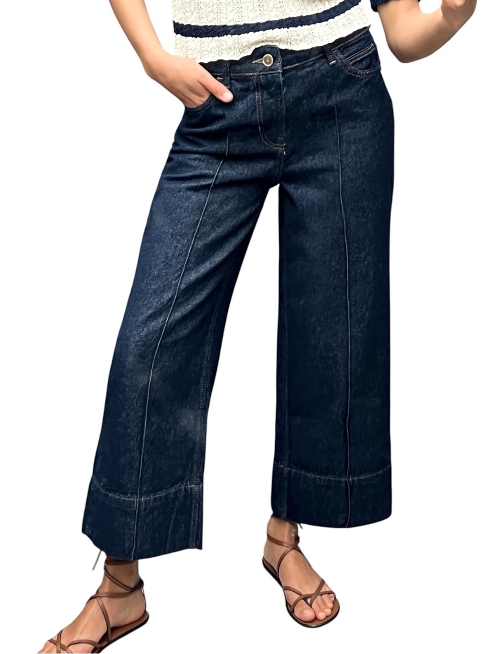 Zara Dark Blue Cotton High Rise Wide Leg Crop Jeans (2)